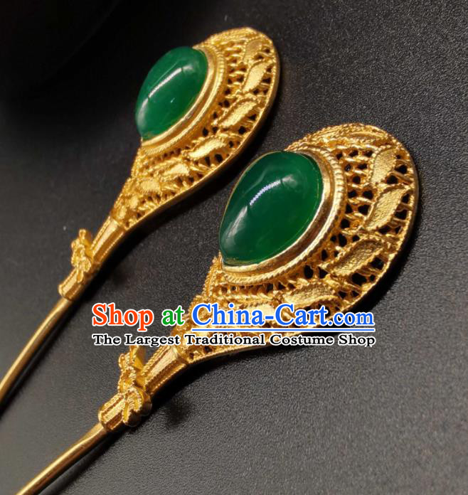 China Handmade Hair Accessories Traditional Gilding Silver Hairpin Ancient Empress Chrysoprase Hair Stick Classical Hanfu Headpiece