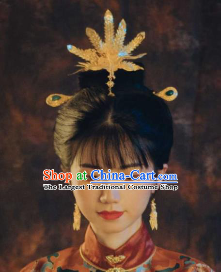 Chinese Handmade Ming Dynasty Headpiece Traditional Wedding Hair Accessories Ancient Princess Gilding Phoenix Hairpin Classical Tassel Hair Crown