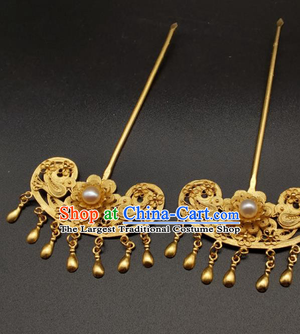 Chinese Handmade Ming Dynasty Headpiece Traditional Wedding Hair Accessories Ancient Princess Gilding Hairpin Classical Tassel Hair Stick