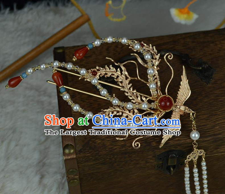 Chinese Traditional Hanfu Hair Accessories Ancient Empress Tassel Hair Stick Classical Wedding Golden Phoenix Hairpin Handmade Ming Dynasty Headpiece