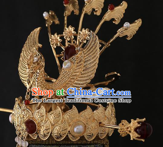 Chinese Handmade Ming Dynasty Headdress Traditional Hanfu Hair Accessories Ancient Empress Phoenix Coronet Classical Wedding Golden Hair Crown and Hairpin