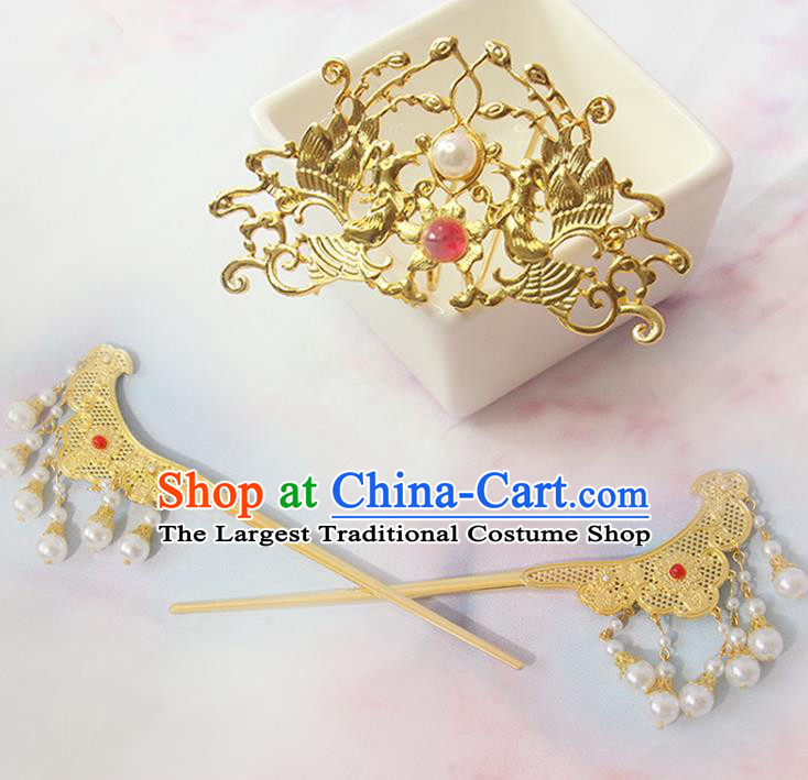 Chinese Handmade Tang Dynasty Hair Crown Traditional Hanfu Hair Accessories Ancient Princess Headpieces Classical Wedding Tassel Hairpins