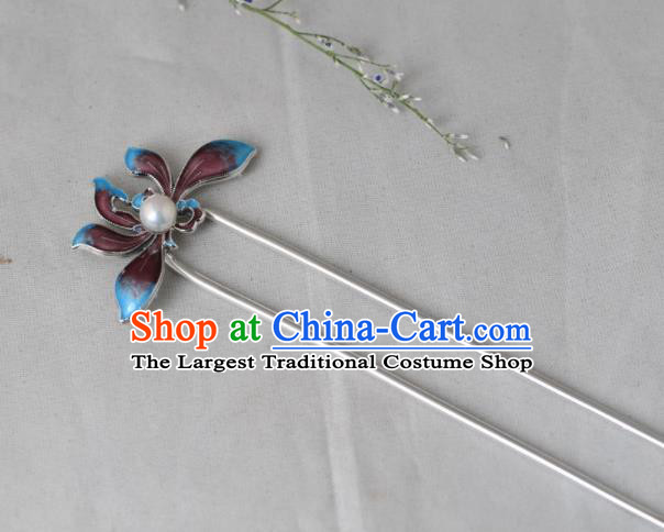 Chinese Classical Enamel Lotus Hair Stick Cheongsam Headpiece Traditional Hair Accessories Handmade Silver Hairpin