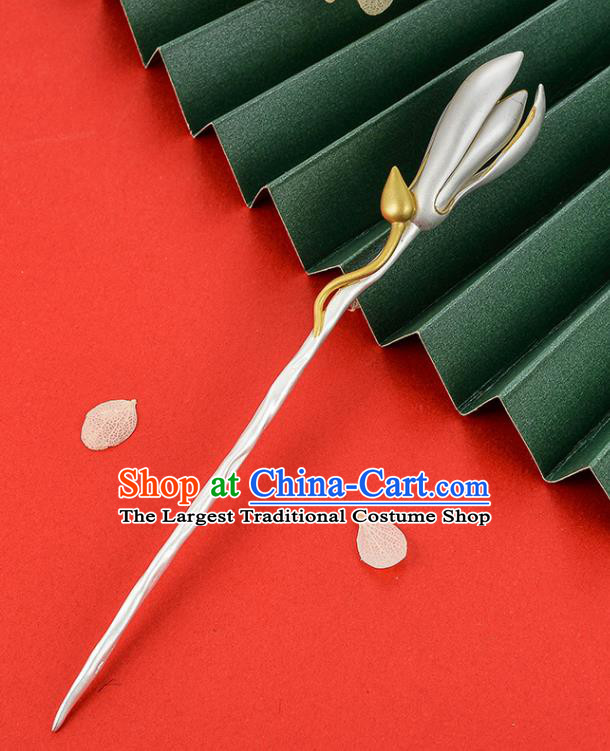 Chinese Classical Silver Mangnolia Hair Stick Cheongsam Headpiece Traditional Hair Accessories Handmade Carving Hairpin