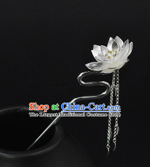 Chinese Classical Carving Lotus Hair Stick Cheongsam Headpiece Traditional Hair Accessories Handmade Silver Tassel Hairpin