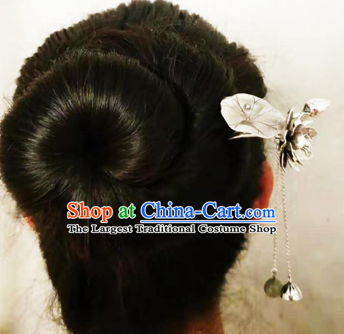 Chinese Classical Silver Lotus Tassel Hair Stick Cheongsam Headpiece Handmade Hairpin Traditional Hair Accessories