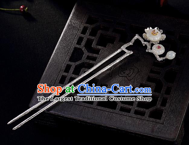 Chinese Cheongsam Accessories Headpiece Handmade Silver Hairpin Traditional Hair Jewelry Classical Jade Plum Hair Stick