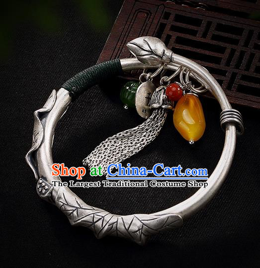 Chinese Cheongsam Wristlet Accessories Handmade Carving Lotus Bracelet Classical Silver Bangle Jewelry