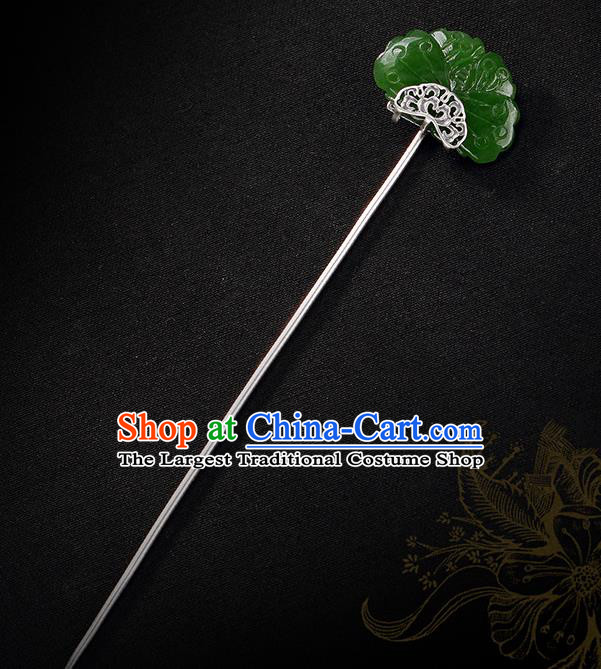 Chinese Classical Jade Butterfly Hair Stick Cheongsam Accessories Headpiece Handmade Silver Hairpin Traditional Hair Jewelry