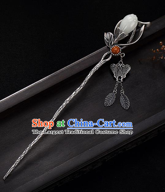 Chinese Handmade Silver Butterfly Tassel Hairpin Traditional Hair Jewelry Classical Jade Mangnolia Hair Stick Cheongsam Accessories Headpiece