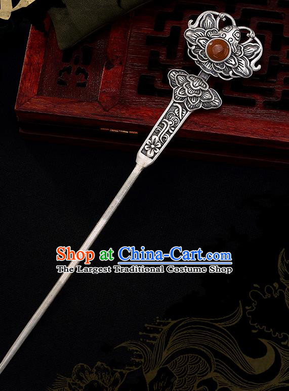 Chinese Cheongsam Accessories Headpiece Handmade Silver Carving Peony Hairpin Traditional Hair Jewelry Classical Agate Hair Stick