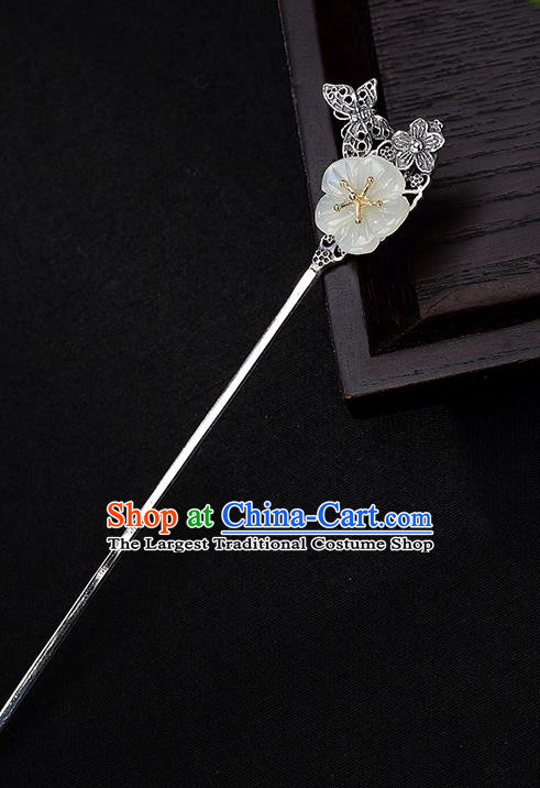 Chinese Handmade Hetian Jade Plum Hairpin Traditional Hair Jewelry Classical Silver Hair Stick Cheongsam Accessories Headpiece