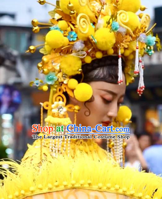 Custom China Opera Deluxe Phoenix Coronet Catwalks Headdress Wedding Hair Accessories Stage Show Yellow Hair Crown