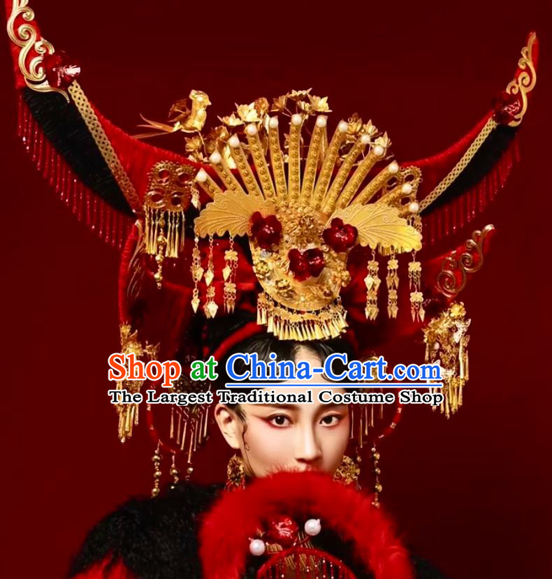 Custom China Wedding Hair Accessories Stage Show Red Giant Hair Crown Opera Deluxe Phoenix Coronet Catwalks Headdress