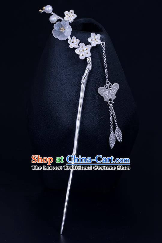 Chinese Handmade Silver Butterfly Tassel Hairpin Traditional Hair Jewelry Classical Crystal Plum Hair Stick Cheongsam Headpiece