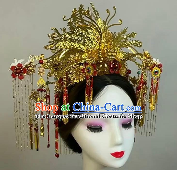 Top China Stage Show Deluxe Hair Crown Ancient Bride Golden Phoenix Coronet Catwalks Headdress Wedding Hair Accessories