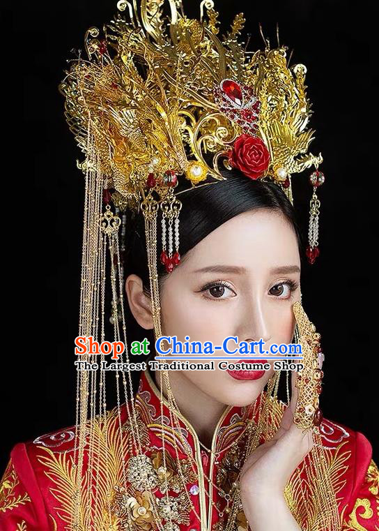 China Stage Show Giant Golden Hair Crown Ancient Queen Deluxe Phoenix Coronet Catwalks Hair Accessories Wedding Headdress