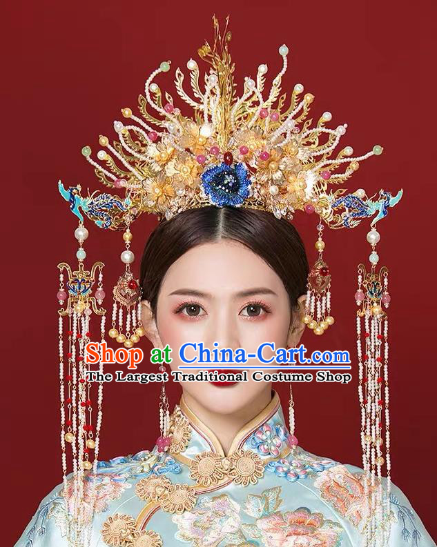 China Wedding Headdress Stage Show Giant Hair Crown Ancient Bride Phoenix Coronet Xiuhe Suit Hair Accessories