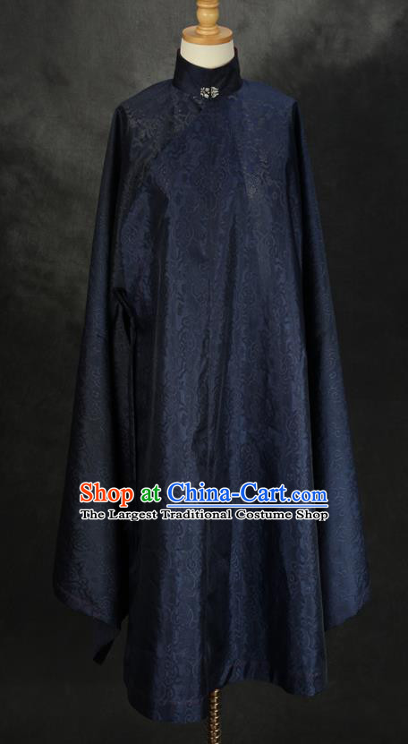 China Traditional Hanfu Navy Silk Long Gown Noble Woman Historical Clothing Ancient Ming Dynasty Royal Countess Garment Costume