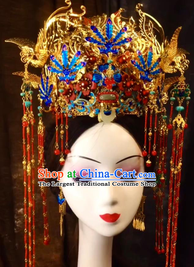 Top China Catwalks Headdress Wedding Hair Accessories Stage Show Deluxe Hair Crown Ancient Imperial Concubine Cloisonne Phoenix Coronet