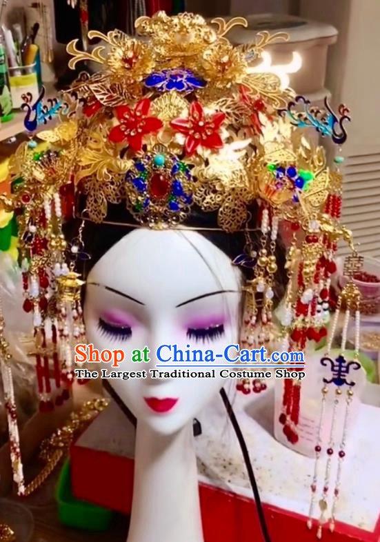 Top China Ancient Empress Cloisonne Phoenix Coronet Catwalks Headdress Wedding Hair Accessories Stage Show Deluxe Hair Crown