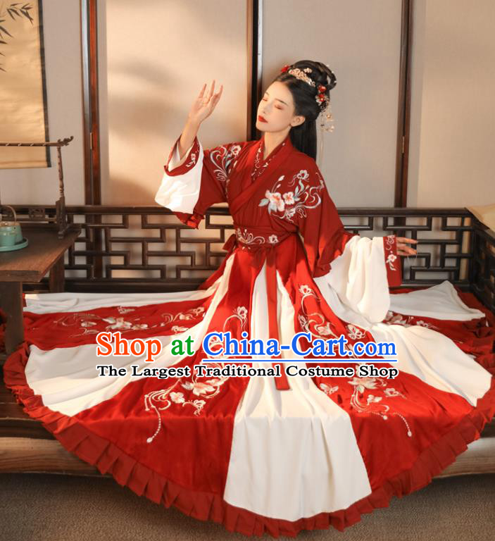 China Ancient Royal Princess Embroidered Red Hanfu Dress Jin Dynasty Palace Lady Clothing Traditional Historical Garment Costumes