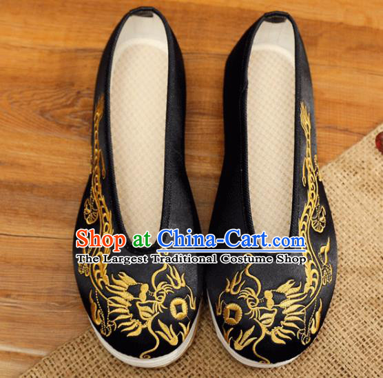 Chinese Handmade Black Satin Shoes Male Embroidered Dragon Shoes Traditional Wedding Shoes Bridegroom Shoes