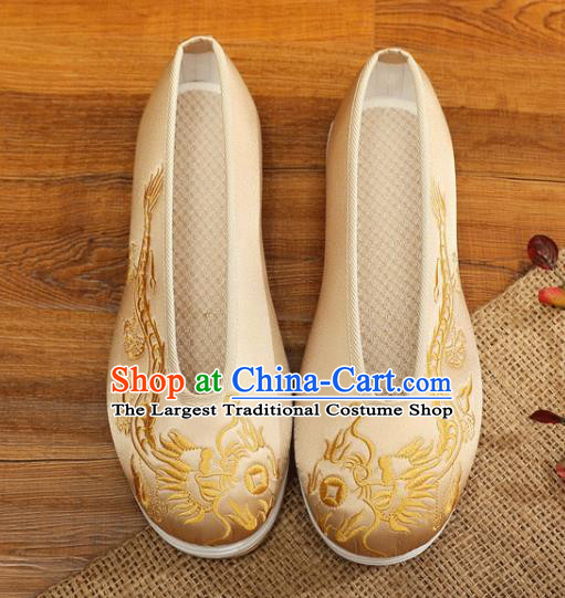 Chinese Bridegroom Shoes Handmade Light Golden Satin Shoes Male Embroidered Dragon Shoes Traditional Wedding Shoes