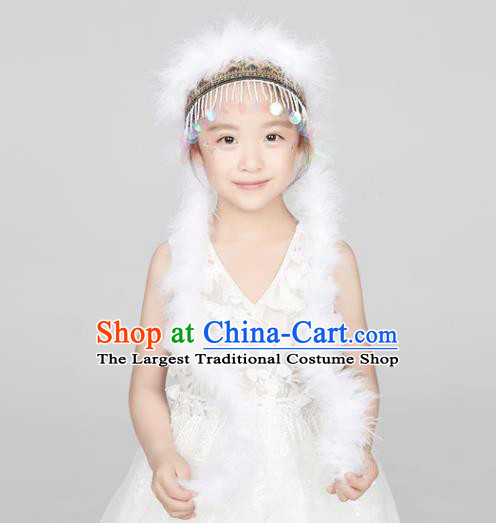 Professional China Ethnic Dance White Feather Headdress Girl Stage Performance Hair Crown Xinjiang Hui Nationality Dance Hair Accessories