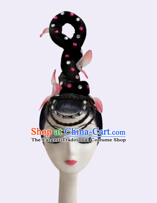 Handmade Chinese Lotus Dance Headpieces Umbrella Dance Stage Performance Wigs Chignon Classical Dance Hair Accessories