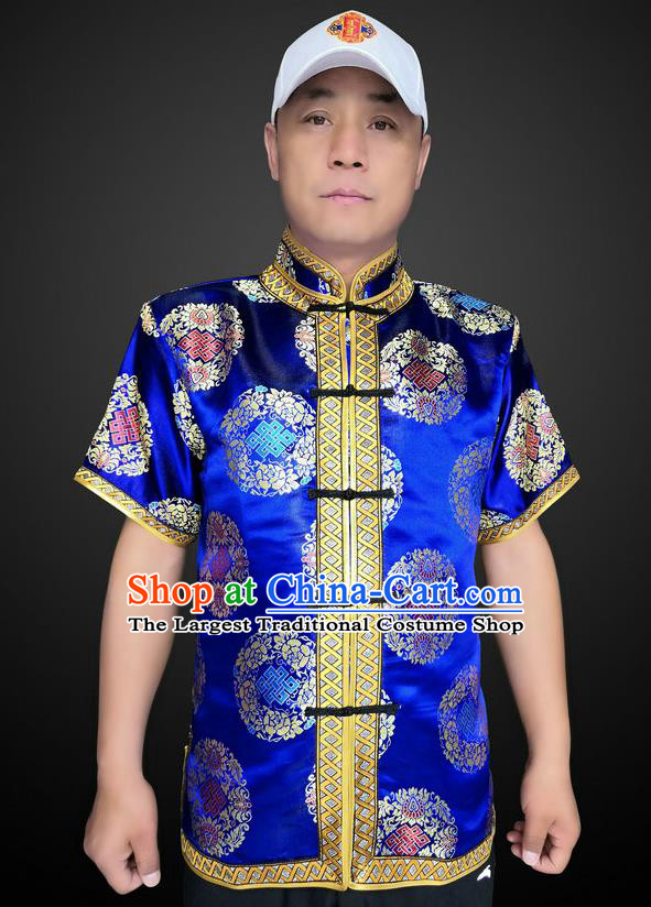 Chinese Mongolian Male Upper Outer Garment Ethnic Costume Minority Performance Clothing Mongol Nationality Folk Dance Blue Brocade Shirt