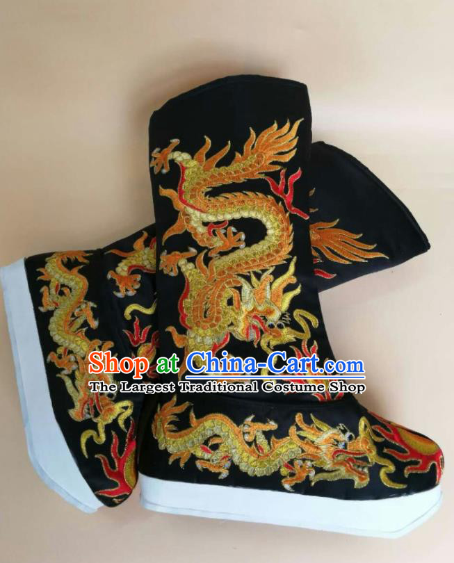 Chinese Handmade Imperial Black Satin Boots Sichuan Opera Embroidered Dragon Shoes Ancient Emperor Shoes Beijing Opera King Shoes