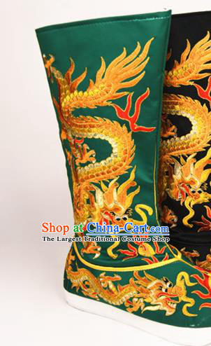 Chinese Embroidered Dragon Green Satin Boots Sichuan Opera Shoes Ancient King Shoes Handmade Beijing Opera Emperor Shoes