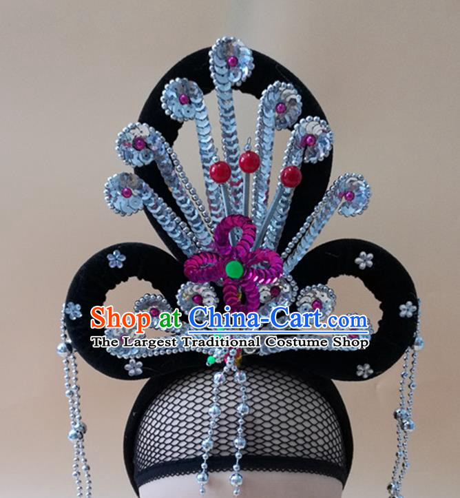 Chinese Peking Opera Diva Argent Phoenix Hair Accessories Ancient Fairy Headpieces Beijing Opera Hua Tan Wigs Chignon Headdress