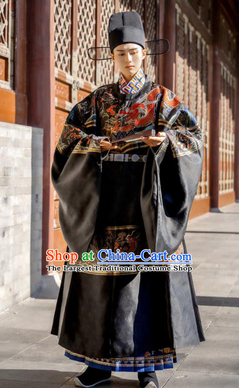 China Ancient Official Garment Costume Traditional Ming Dynasty Male Wedding Clothing Black Long Robe