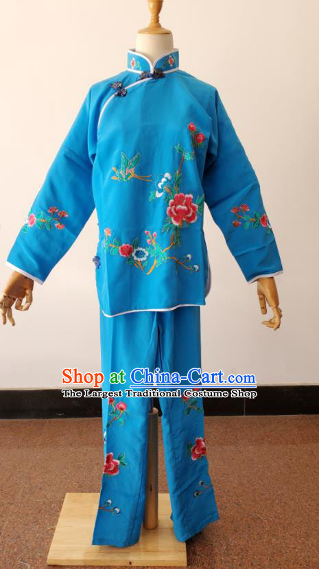 China Beijing Opera Xiaodan Costumes Huangmei Opera Maid Lady Blue Uniforms Ancient Village Girl Clothing Peking Opera Country Woman Dress