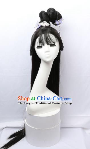 Chinese Jin Dynasty Royal Princess Hairpieces Traditional Hanfu Court Beauty Blunt Bangs Wigs Chignon Ancient Fairy Headdress