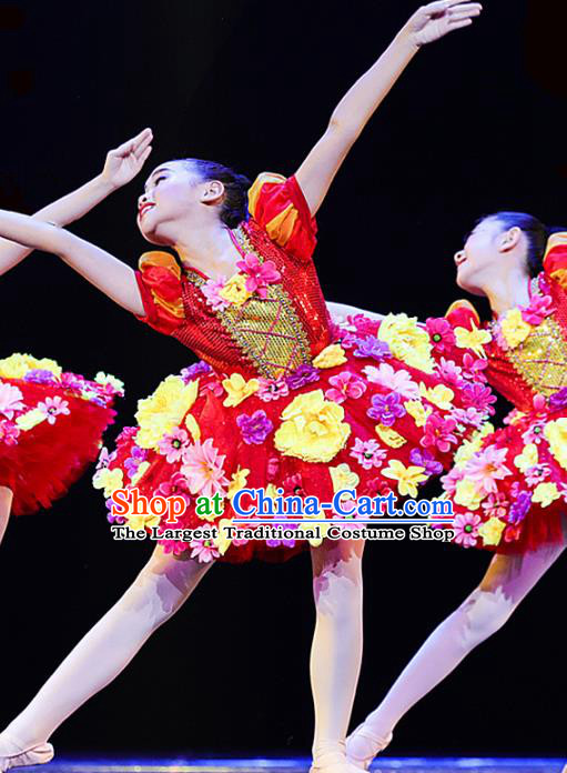 Professional Girl Modern Dance Clothing Chorus Group Fashion Stage Performance Red Dress Flower Dance Costume