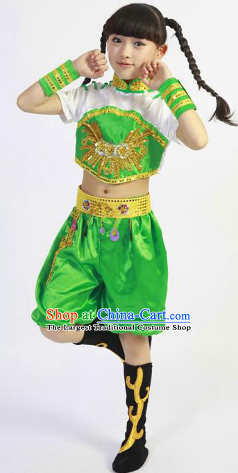 Chinese Children Yangko Dance Green Uniforms Folk Dance Costumes Fan Dance Dress New Year Yangge Dance Clothing