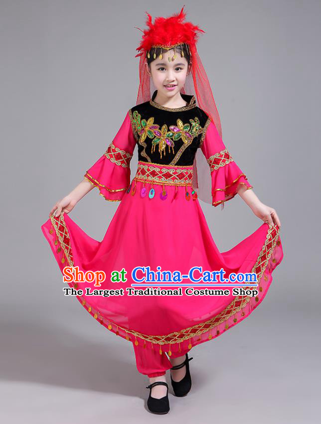 Chinese Uyghur Nationality Folk Dance Clothing Xinjiang Ethnic Children Performance Garments Uighur Minority Girl Rosy Dress Outfits