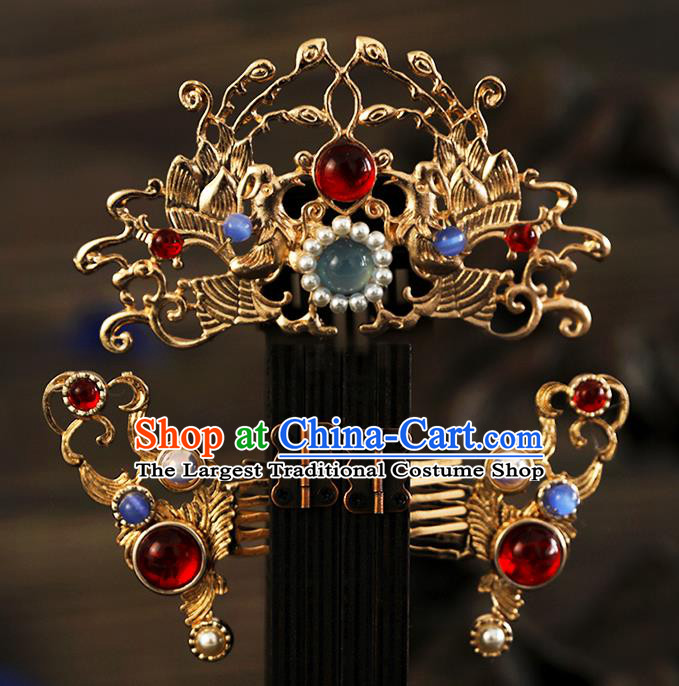 Chinese Ancient Bride Headpieces Ming Dynasty Golden Hair Comb and Hairpins Traditional Hanfu Wedding Hair Accessories