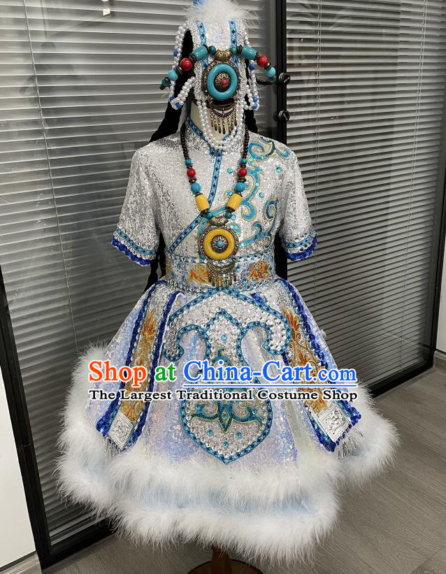 Chinese Tibetan Nationality Girl Festival Clothing Ethnic Children Folk Dance Garments Zang Minority Dance Blue Dress Uniforms