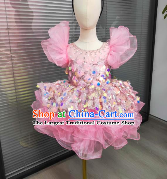 Professional Compere Pink Bubble Dress Girl Catwalks Clothing Stage Performance Garment Children Modern Dance Fashion