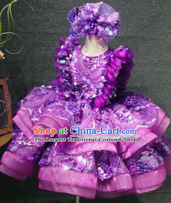 Top Girl Dance Performance Garment Catwalks Purple Flowers Bubble Dress Christmas Formal Evening Wear Children Day Stage Show Clothing