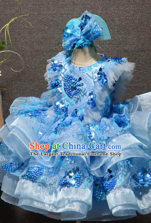 Top Christmas Formal Evening Wear Children Stage Show Clothing Girl Dance Performance Garment Catwalks Blue Sequins Bubble Dress