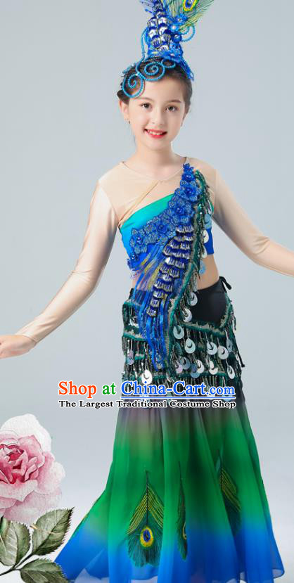 Chinese Yunnan Minority Girl Peacock Dance Green Dress Outfits Dai Nationality Folk Dance Clothing Ethnic Children Performance Garments