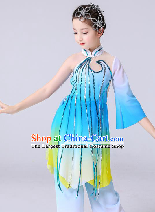 China Girl Stage Performance Dancewear Umbrella Dance Clothing Lotus Dance Blue Outfits Children Classical Dance Costumes