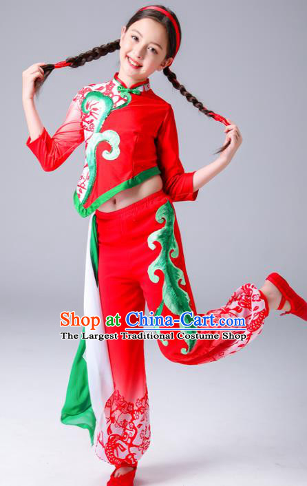 Chinese Folk Dance Costumes Girl Fan Dance Dress Yangge Performance Clothing Children Yangko Dance Red Uniforms