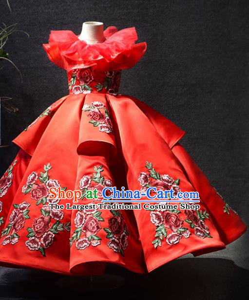 Top Girl Compere Formal Garment Catwalks Embroidered Red Full Dress Christmas Evening Wear Children Stage Show Clothing