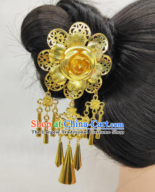 Handmade Chinese Yunnan Minority Folk Dance Golden Peony Tassel Hairpin Ethnic Hair Accessories Dai Nationality Wedding Hair Stick
